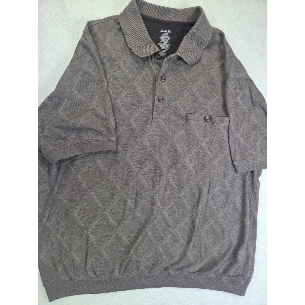 David Taylor XL Brown Textured Diamond Knit Polo Shirt Pocket Dadcore